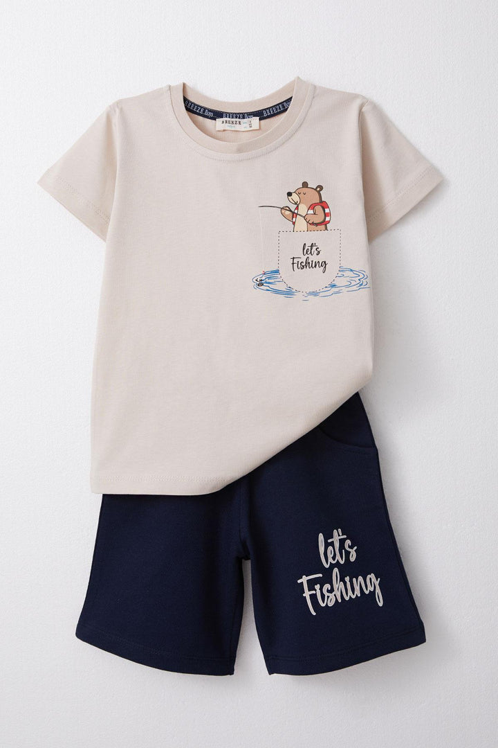 BRE Breeze Boys' Shorts Set with Fish Catching Bear Print, 1.5-5 Years, Beige - Clarksville