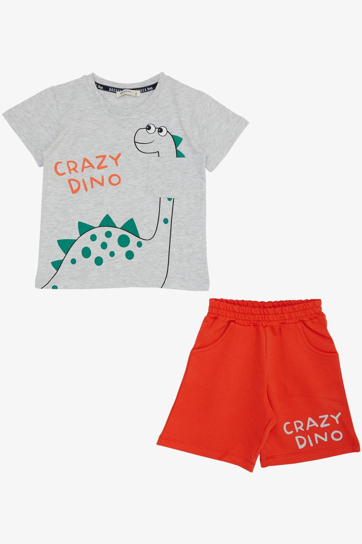 BRE Breeze Boys' Shorts Set Crazy Dinosaur Printed 1.5-5 Years, Light Grey Melange - Monopoli