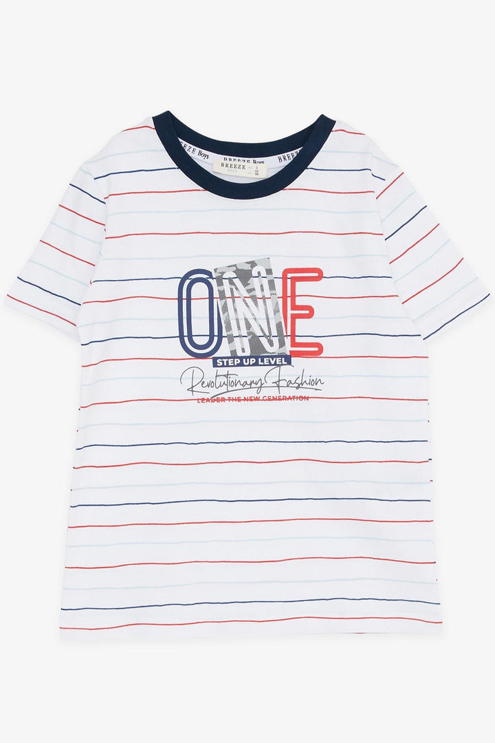 BRE Breeze Boys' Short Set Striped with Printed Writing 2-6 Years, White - Zihuatanejo