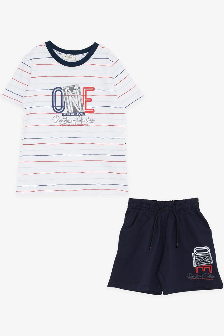 BRE Breeze Boys' Short Set Striped with Printed Writing 2-6 Years, White - Zihuatanejo