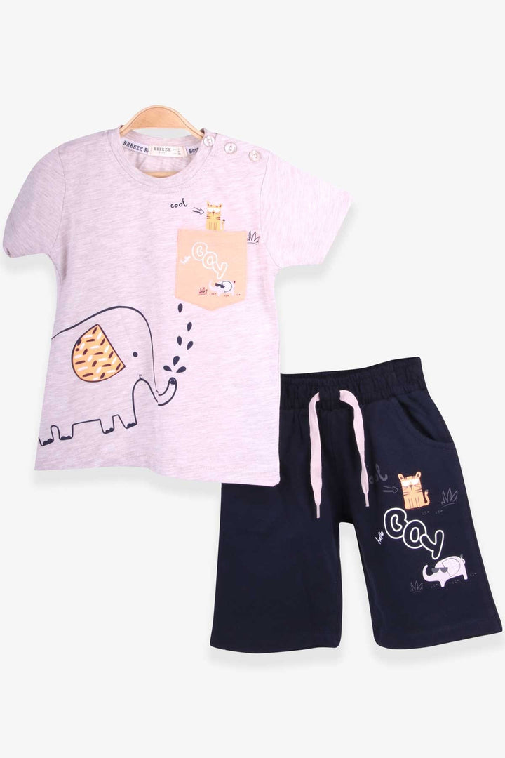 BRE Breeze Boys' Shorts Set with Elephant Print 1.5-5 Years, Beige Melange - San Juan