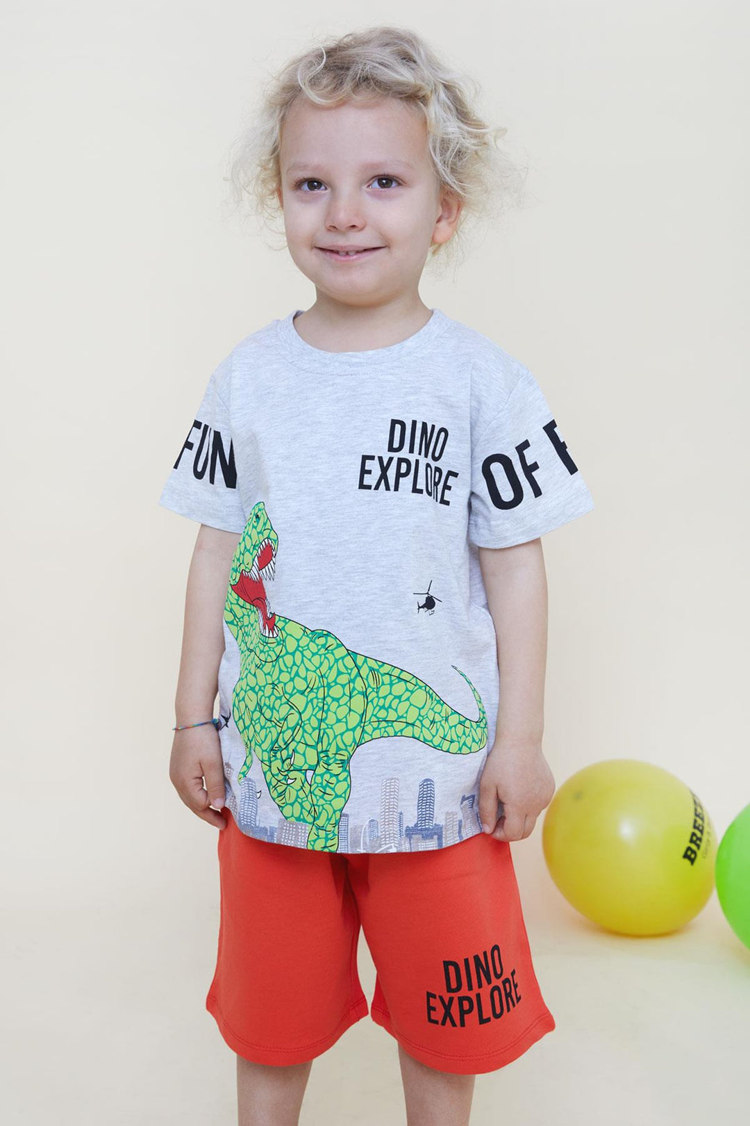 BRE Breeze Boys' Short Set Strong Dinosaur Printed 2-6 Years, Light Grey Melange - Ilioúpoli