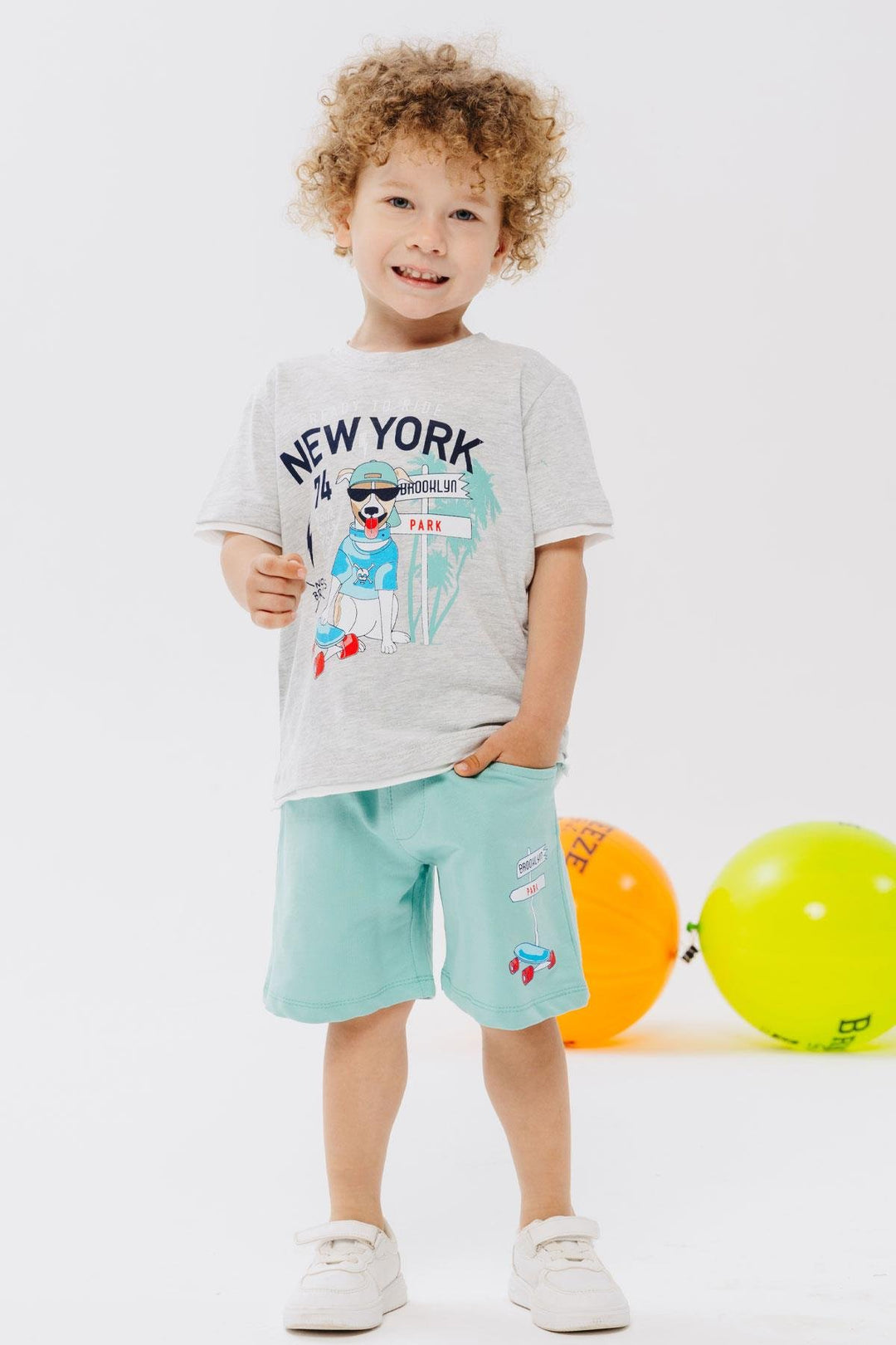 BRE Breeze Boys' Shorts Set Cute Free Skateboarding Puppy Printed 2-6 Years, Light Grey Melange - Adelanto