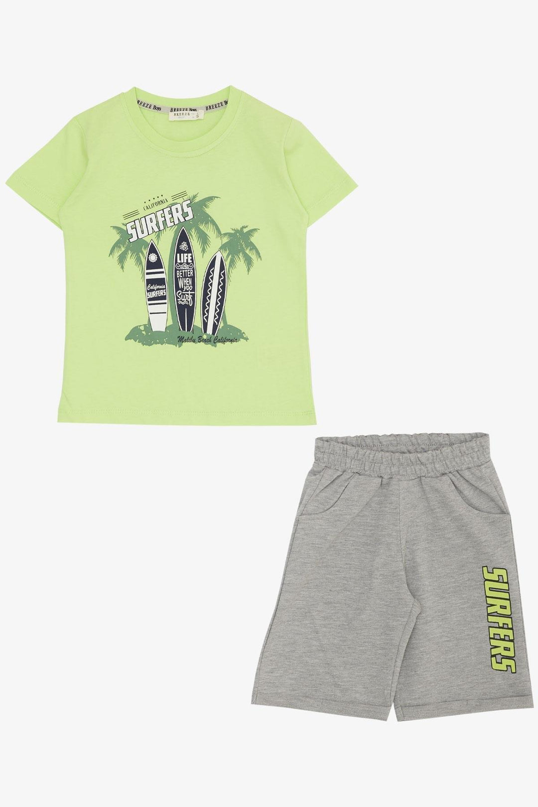 BRE Breeze Boys' Shorts Set Surf Themed Summer Printed 3-8 Years, Pistachio Green - Staten Island