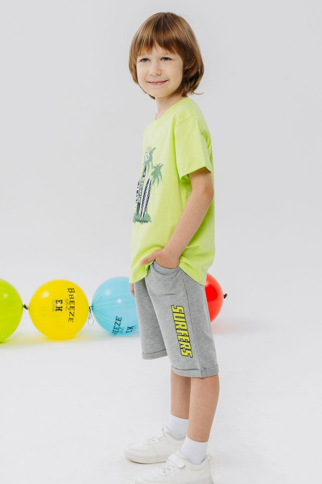 BRE Breeze Boys' Shorts Set Surf Themed Summer Printed 3-8 Years, Pistachio Green - Staten Island