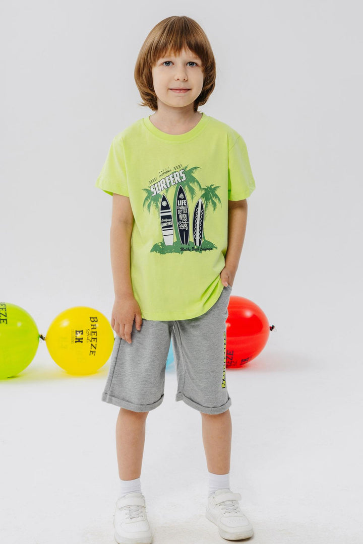 BRE Breeze Boys' Shorts Set Surf Themed Summer Printed 3-8 Years, Pistachio Green - Staten Island