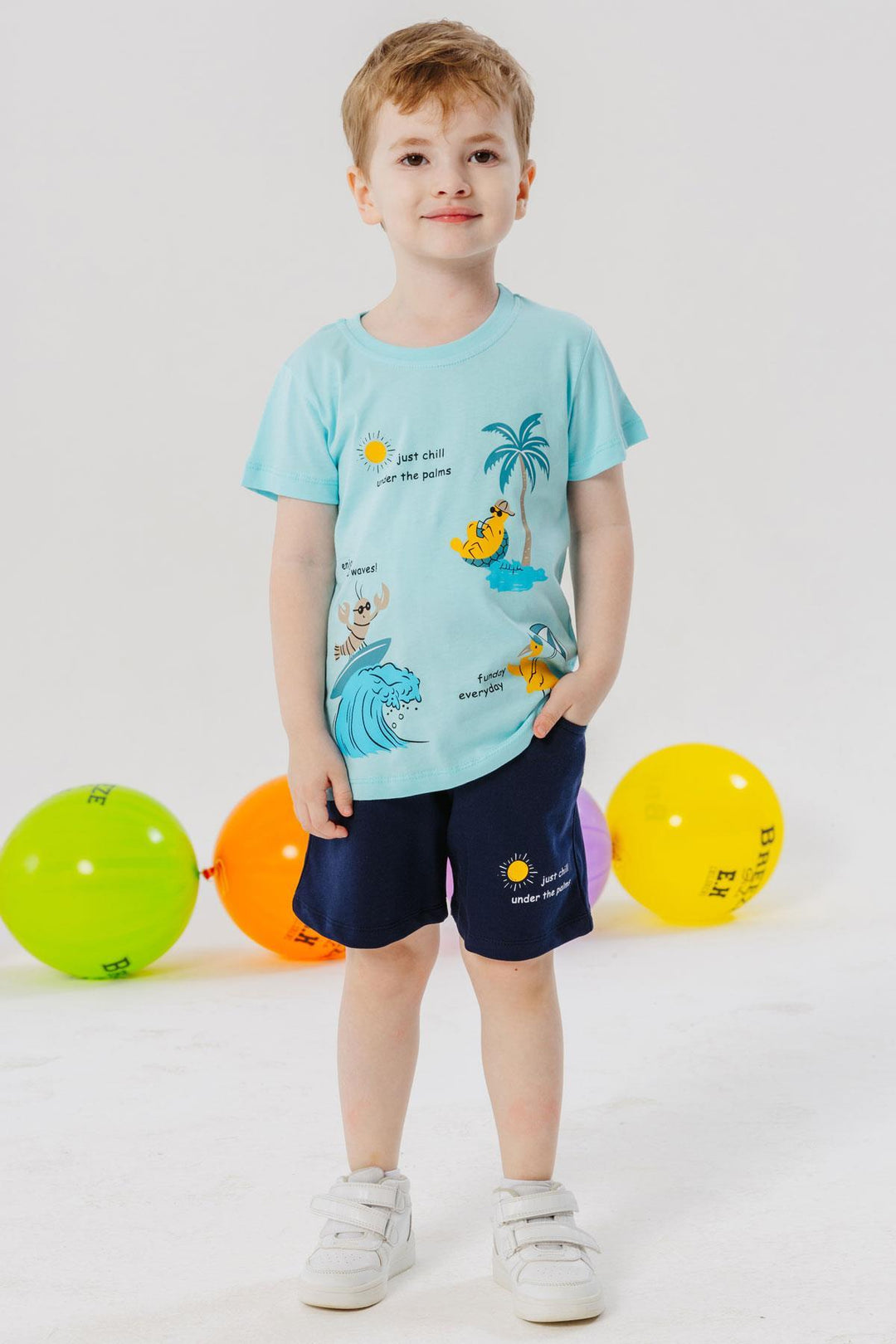 BRE Breeze Boys' Shorts Set Holiday Themed Fun Animals Printed 1-4 Years, Light Blue - Houten