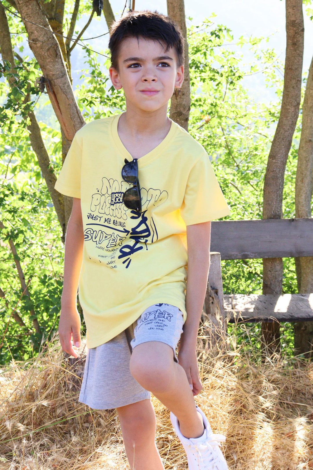 BRE Breeze Boys' Shorts Set with Printed Writing and Lace-up Accessories, 84 Years, Yellow - Irondequoit