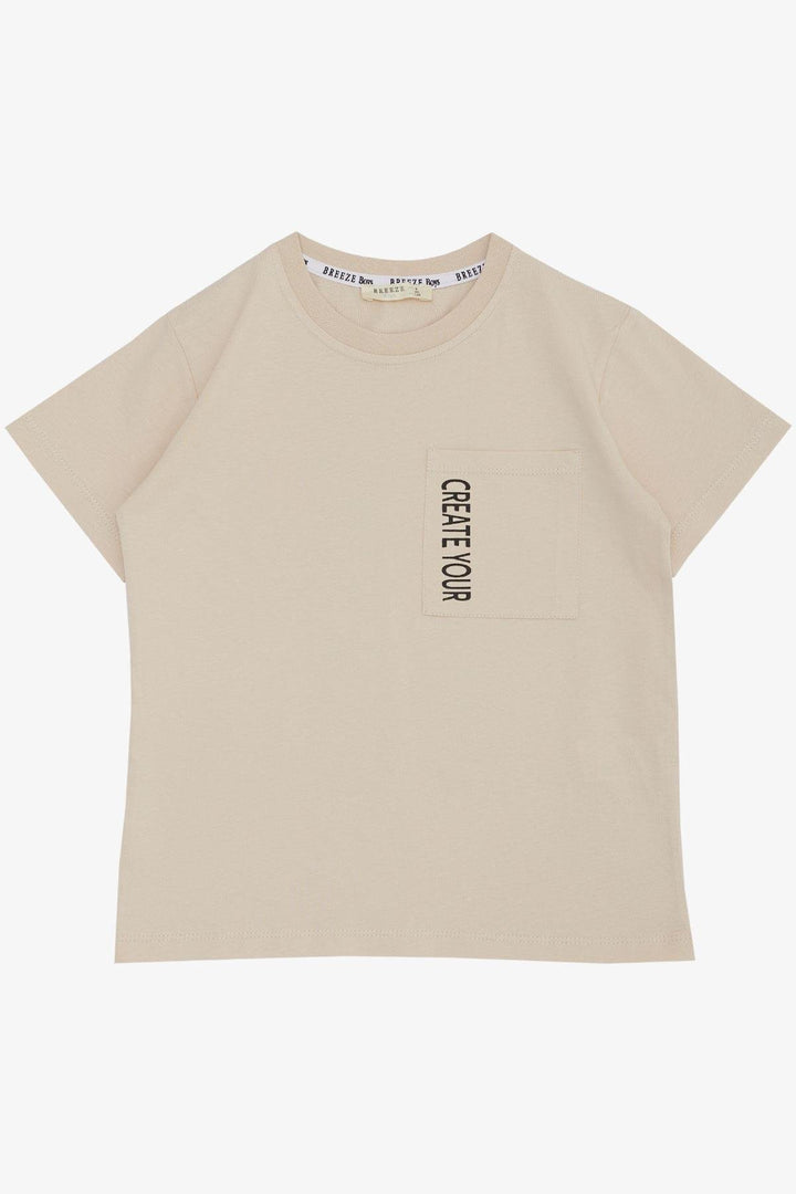 BRE Breeze Boys' T-shirt with Pocket and Printed Text, 62 Years, Beige - Oviedo