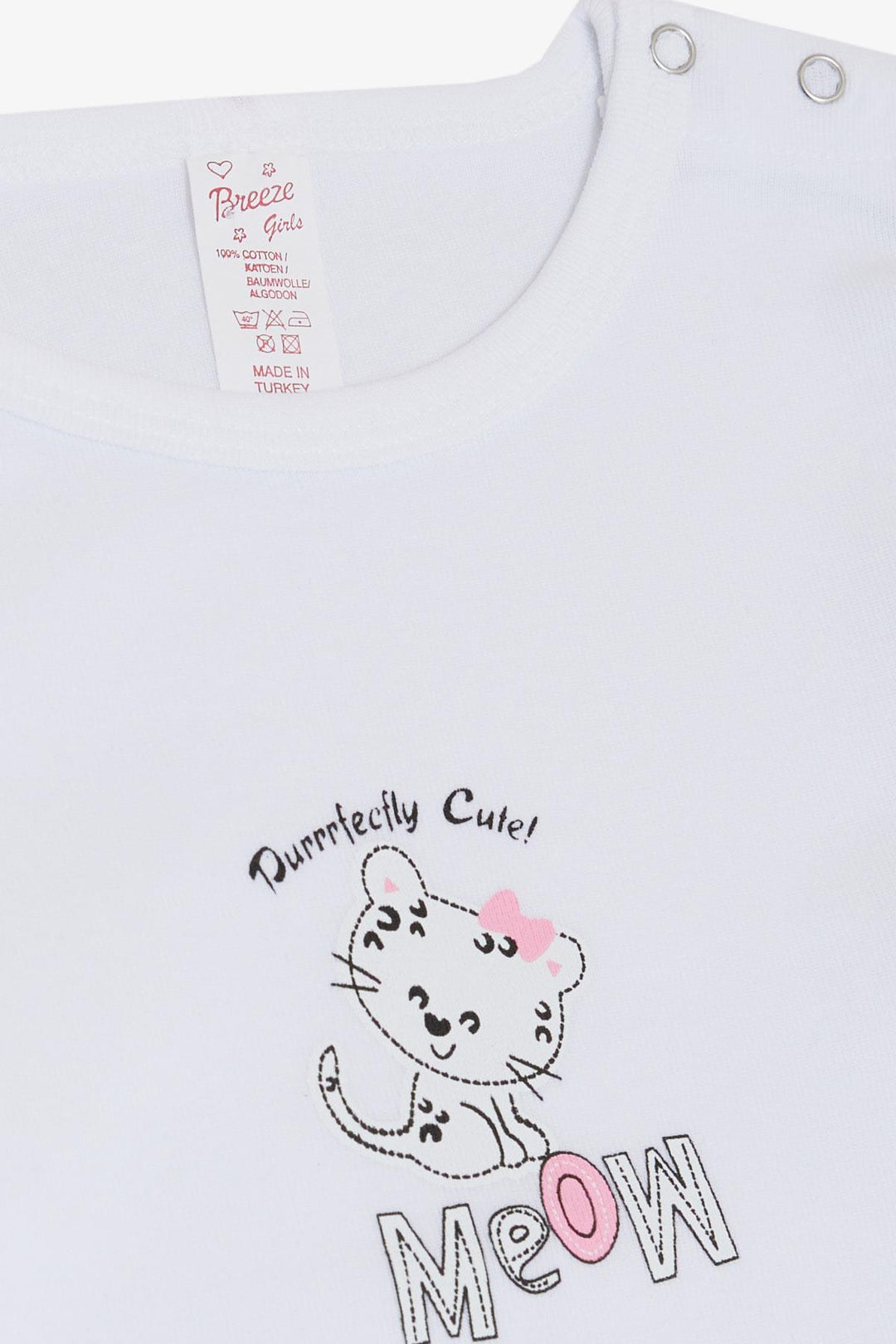 BRE Breeze Baby Girl Snap Bodysuit Cute Baby Cat Printed 9 Months-3 Years, White - Valley Stream