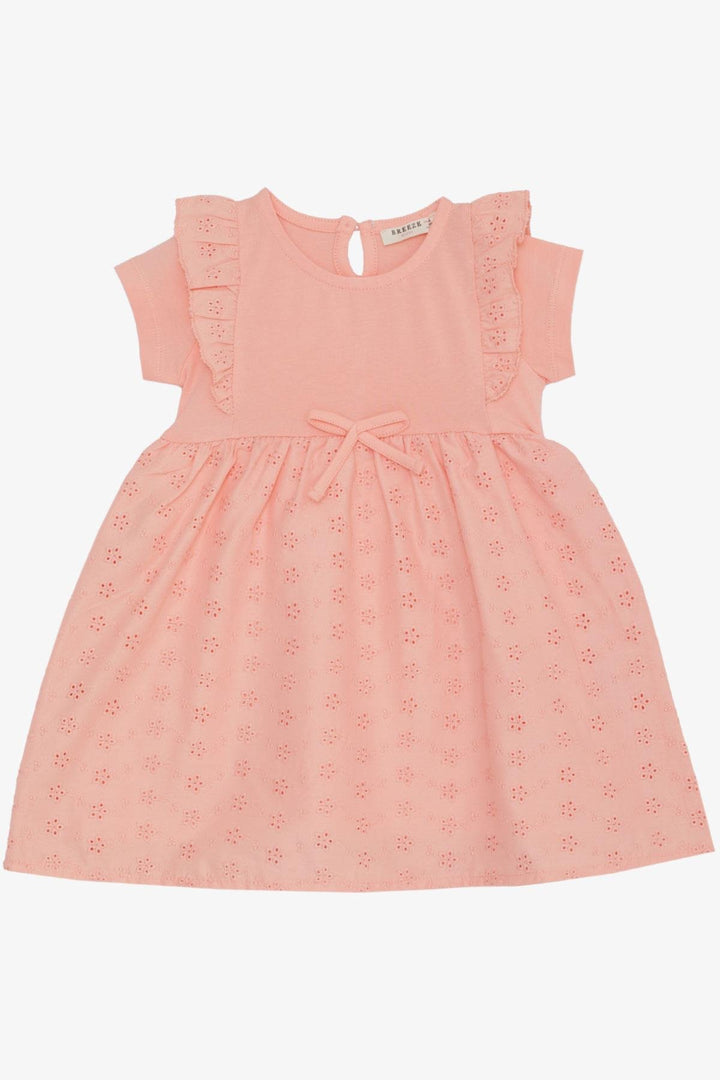 BRE Breeze Baby Girl Dress with Frilly Shoulders, Bow and Flower Embroidery 9 Months-3 Years, Salmon - North Brunswick