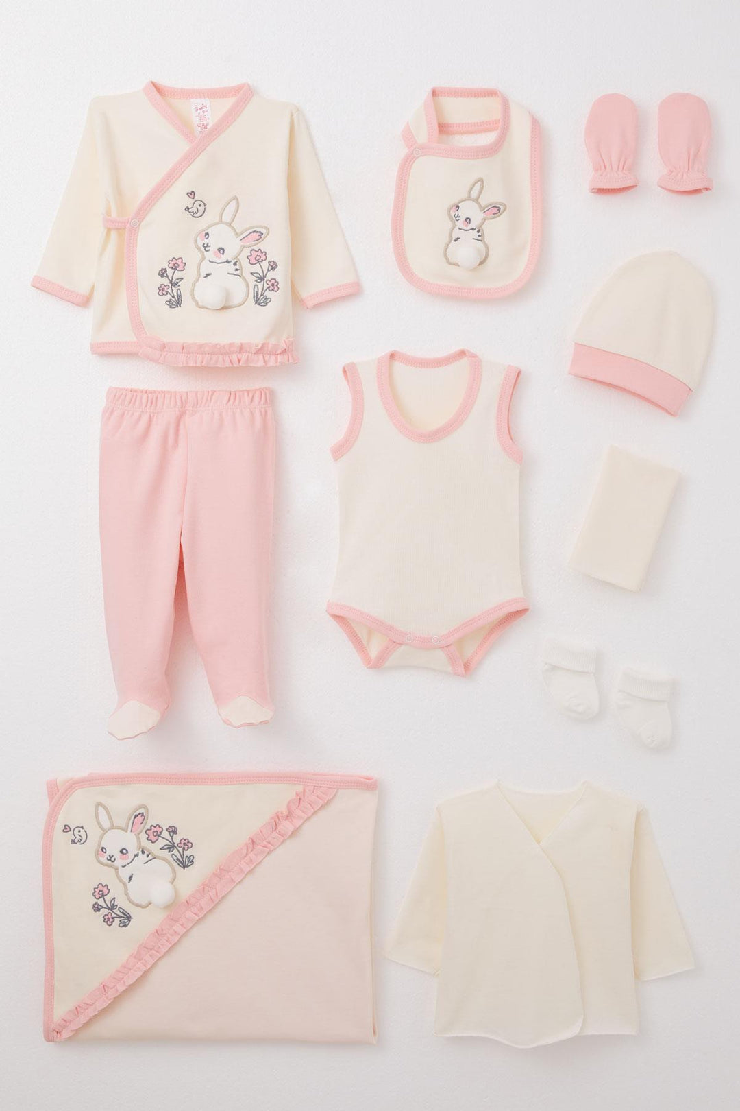 BRE Breeze Baby Girl Hospital Outfit 10-Piece Set with Bunny Embroidery & Floral Design, 0-3 Months, Cream - Romford