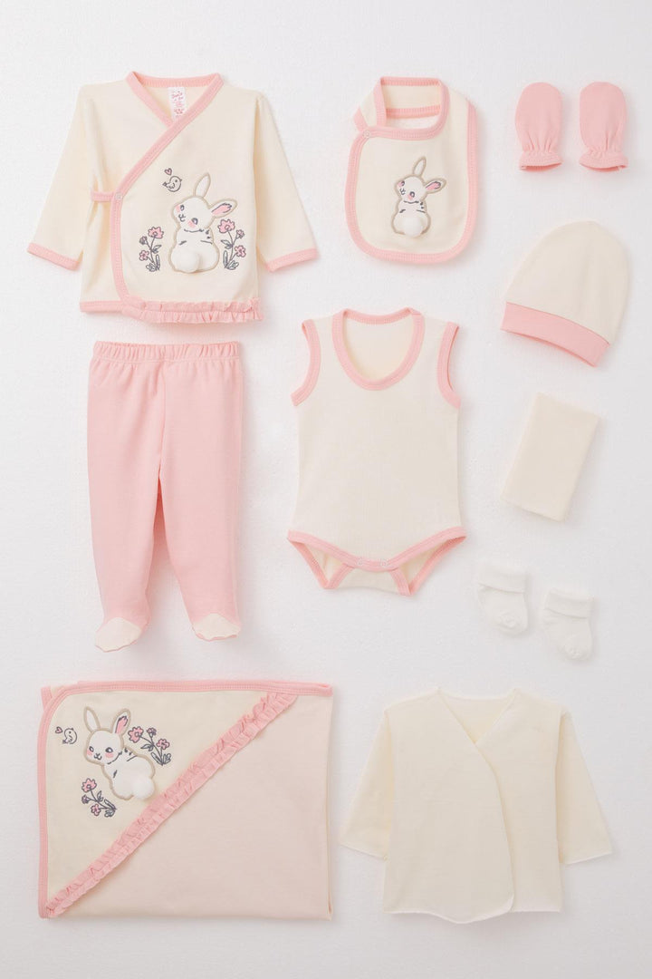 BRE Breeze Baby Girl Hospital Outfit 10-Piece Set with Bunny Embroidery & Floral Design, 0-3 Months, Cream - Romford