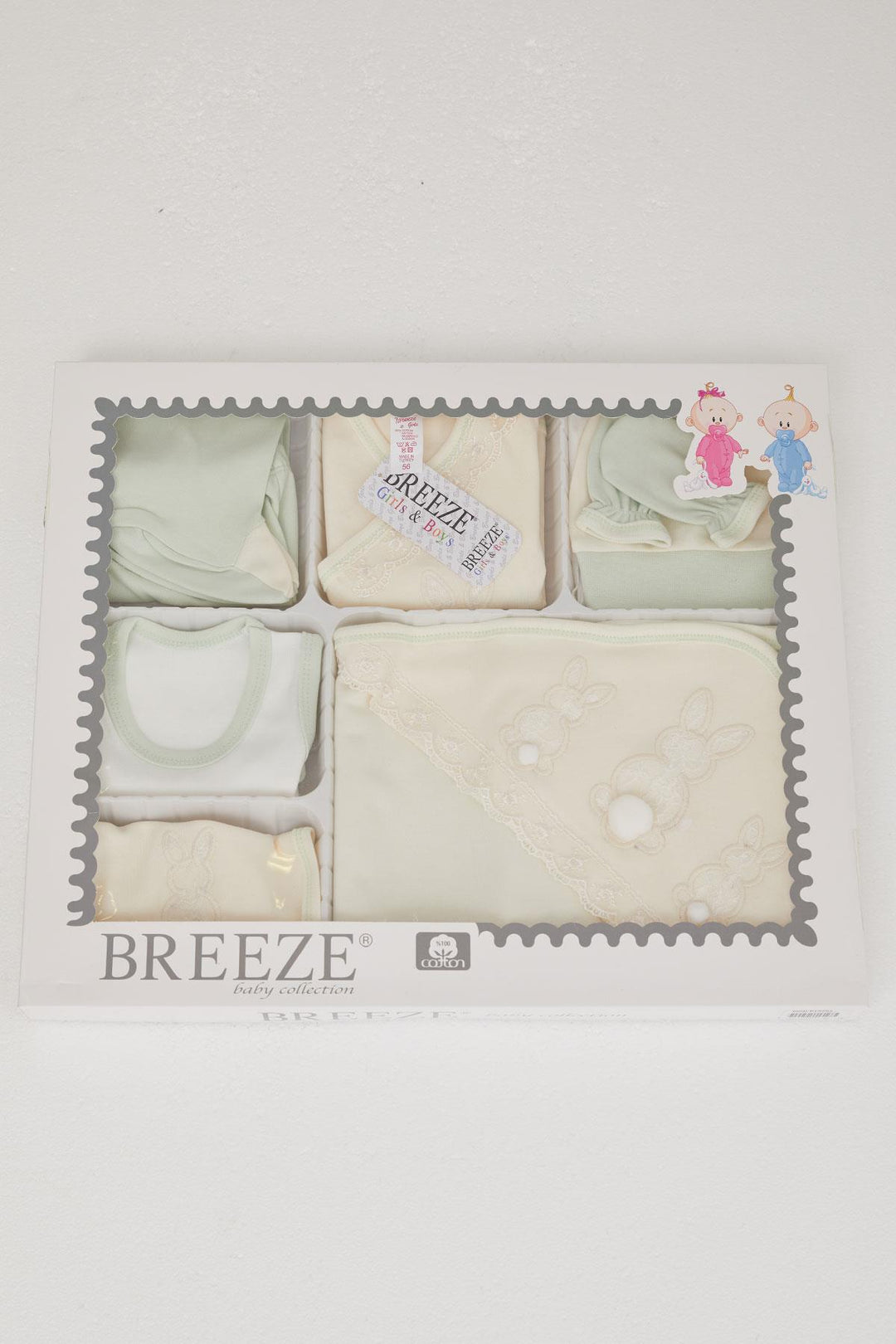 BRE Breeze Baby Girl Hospital Outfit 10 Piece Rabbit Embroidered Pom Pom 0-3 Months, Cream - Redcar