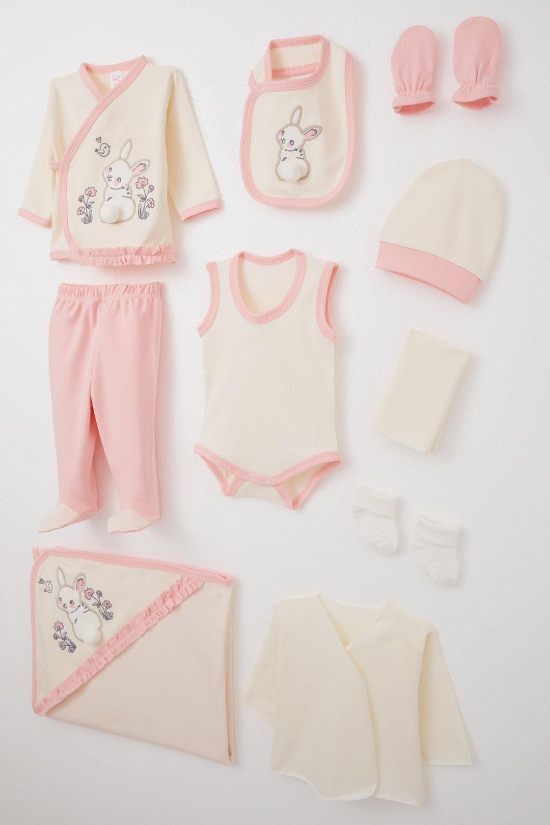 BRE Breeze Baby Girl Hospital Outfit 10-Piece Set with Bunny Embroidery & Floral Design, 0-3 Months, Cream - Romford