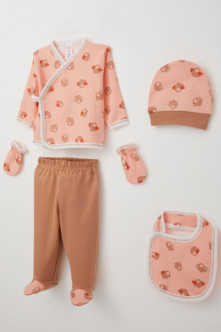 BRE Breeze Baby Girl Hospital Outfit 5 Piece Cute Bird Patterned 0-3 Months, Salmon - Aurora