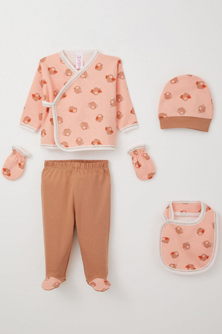 BRE Breeze Baby Girl Hospital Outfit 5 Piece Cute Bird Patterned 0-3 Months, Salmon - Aurora