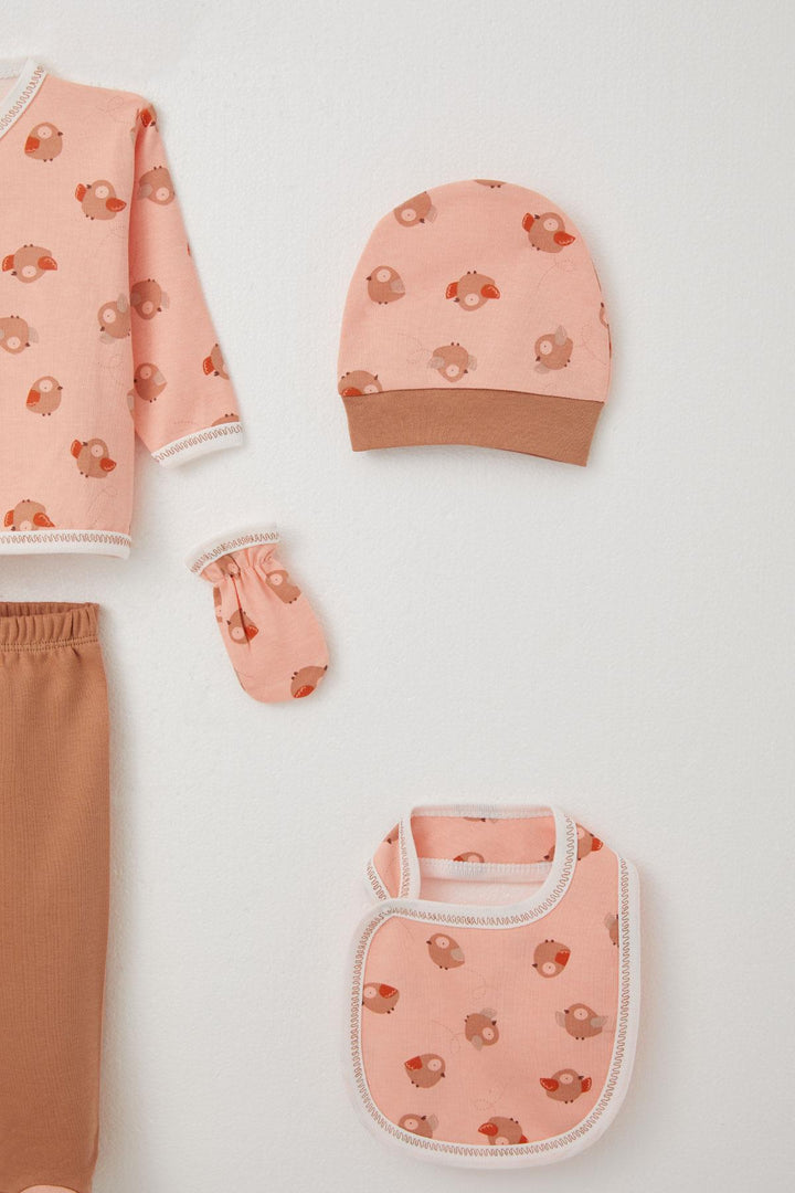 BRE Breeze Baby Girl Hospital Outfit 5 Piece Cute Bird Patterned 0-3 Months, Salmon - Aurora