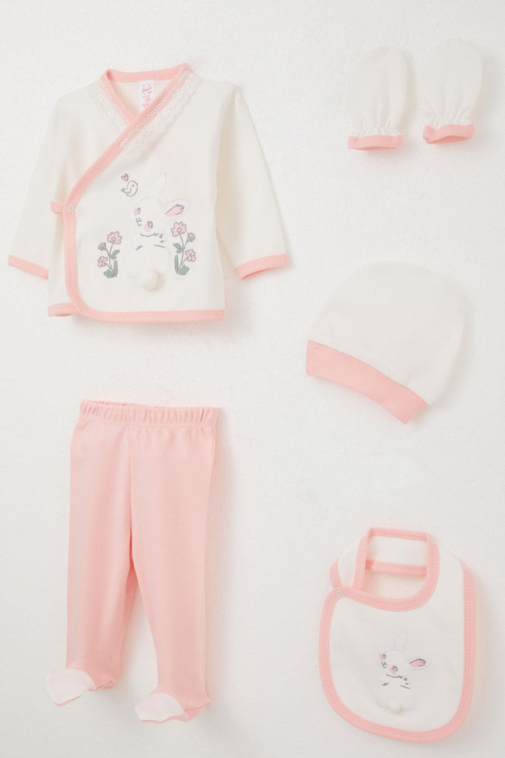 BRE Breeze Baby Girl Hospital Outfit 5-Piece Set with Rabbit Embroidery & Floral Design 0-3 Months, Ecru - Dartford