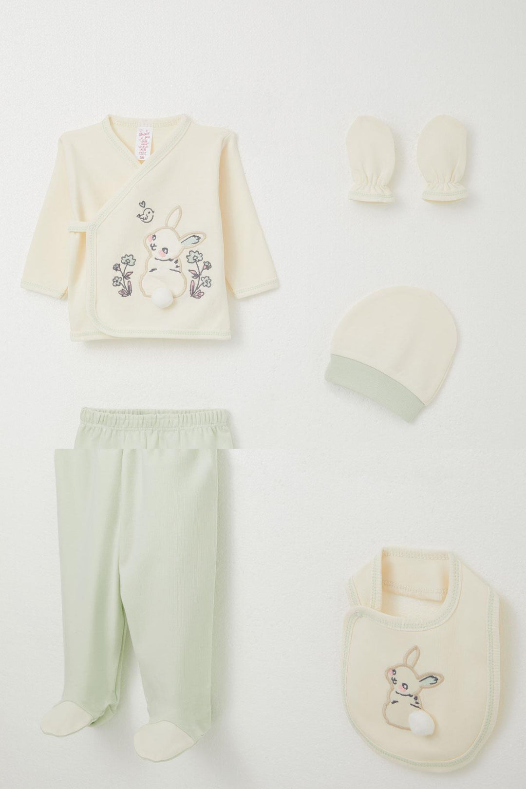 BRE Breeze Baby Girl Hospital Outfit 5-Piece Set with Rabbit Embroidery & Floral Design, 0-3 Months, Cream - Indio