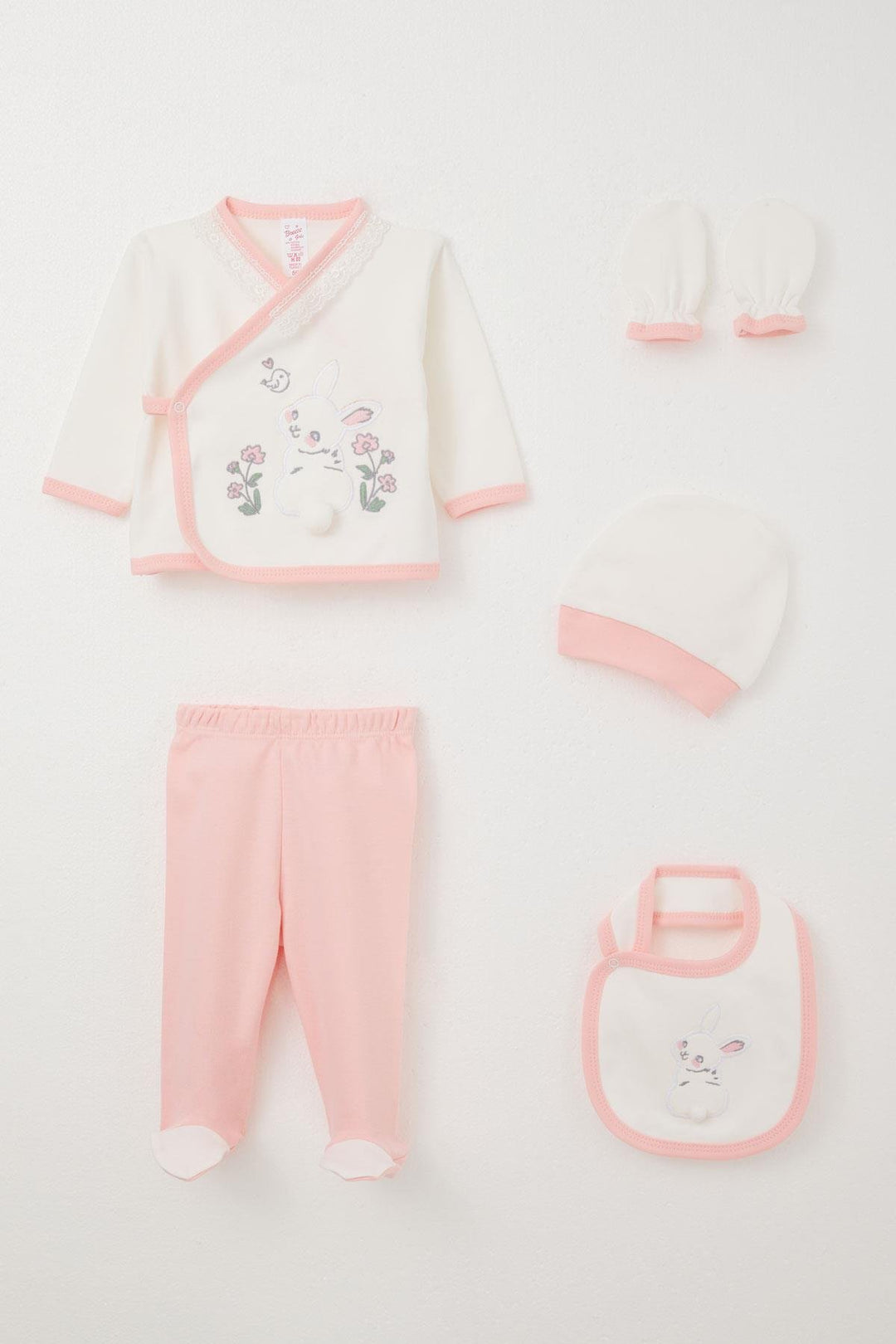 BRE Breeze Baby Girl Hospital Outfit 5-Piece Set with Rabbit Embroidery & Floral Design 0-3 Months, Ecru - Dartford