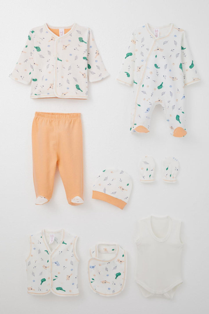 BRE Breeze Baby Girl Hospital Outfit 8 Piece Spring Themed Cute Little Sparrow Patterned 0-3 Months, Ecru - Konotop