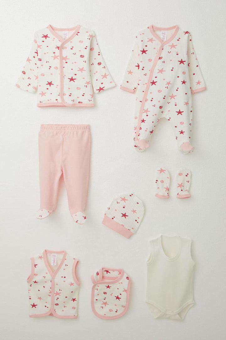 BRE Breeze Baby Girl Hospital Outfit 8 Piece Sea Star Patterned 0-3 Months, Ecru - Cascais