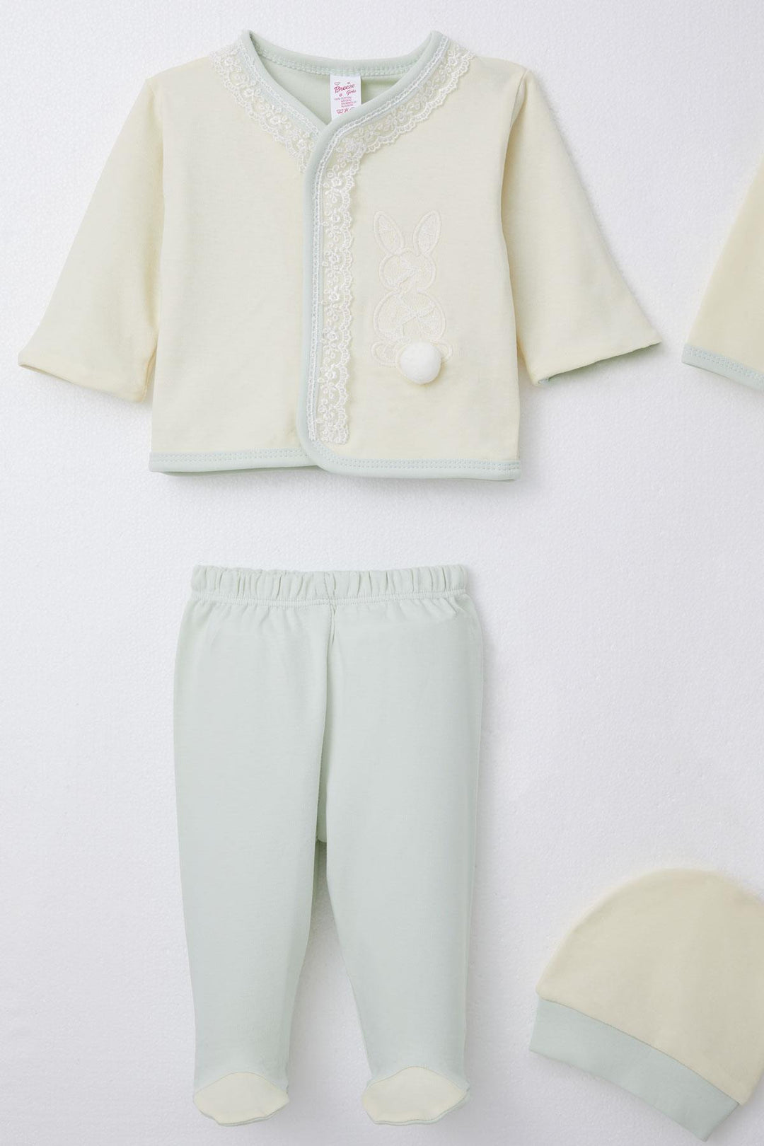 BRE Breeze Baby Girl Hospital Outfit 8 Piece with Rabbit Embroidery and Pom Poms 0-3 Months, Ecru - Charleston