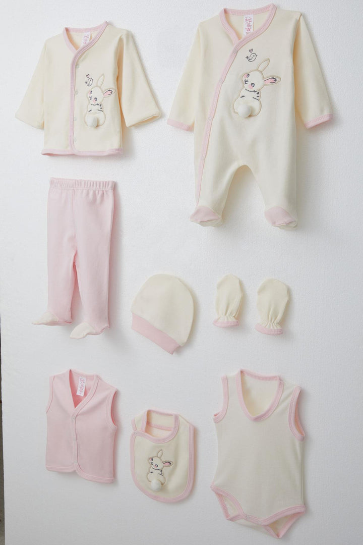 BRE Breeze Baby Girl Hospital Outfit 8 Piece Rabbit & Bird Embroidered 0-3 Months, Cream - Zutphen