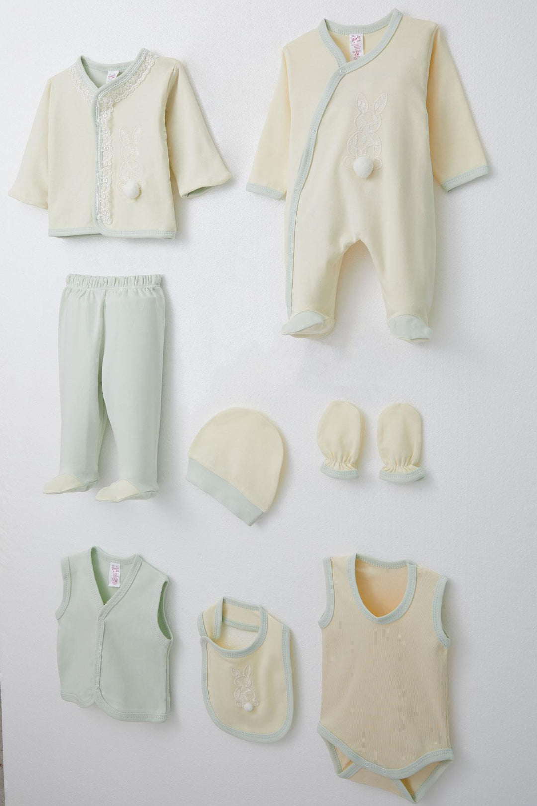 BRE Breeze Baby Girl Hospital Outfit 8 Piece with Rabbit Embroidery and Pom Poms 0-3 Months, Ecru - Charleston