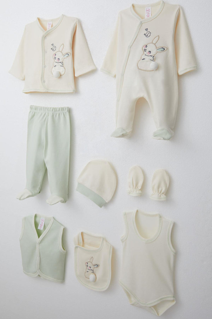 BRE Breeze Baby Girl Hospital Outfit 8 Piece Rabbit & Bird Embroidered 0-3 Months, Cream - Queluz