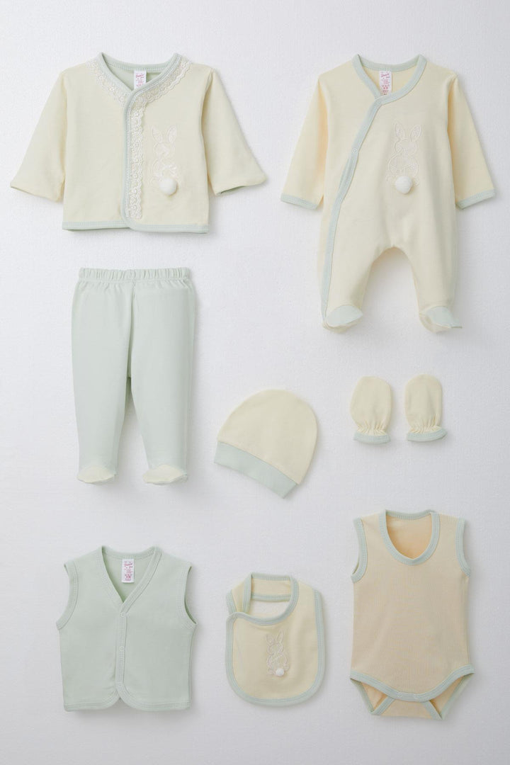 BRE Breeze Baby Girl Hospital Outfit 8 Piece with Rabbit Embroidery and Pom Poms 0-3 Months, Ecru - Charleston