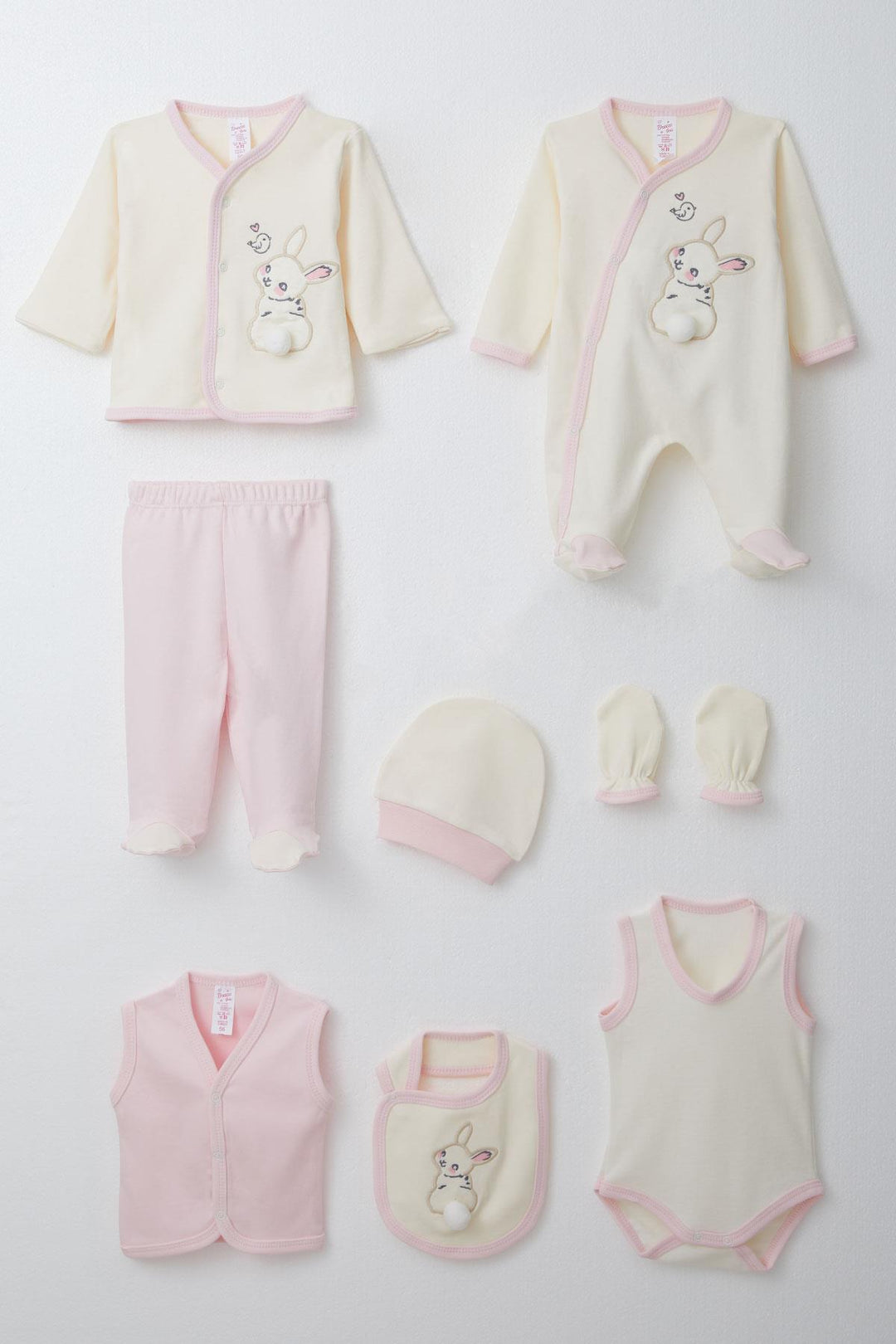 BRE Breeze Baby Girl Hospital Outfit 8 Piece Rabbit & Bird Embroidered 0-3 Months, Cream - Zutphen