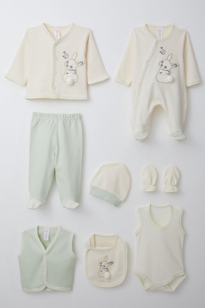 BRE Breeze Baby Girl Hospital Outfit 8 Piece Rabbit & Bird Embroidered 0-3 Months, Cream - Queluz