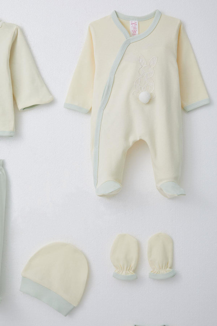 BRE Breeze Baby Girl Hospital Outfit 8 Piece with Rabbit Embroidery and Pom Poms 0-3 Months, Ecru - Charleston