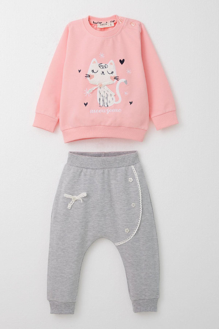 BRE Breeze Baby Girl Sweatpants Type Tracksuit with Kitty Embroidery 6 Months-2 Years, Pink - Newark