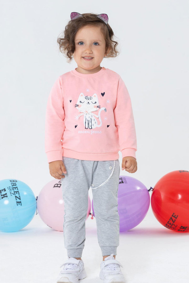 BRE Breeze Baby Girl Sweatpants Type Tracksuit with Kitty Embroidery 6 Months-2 Years, Pink - Newark