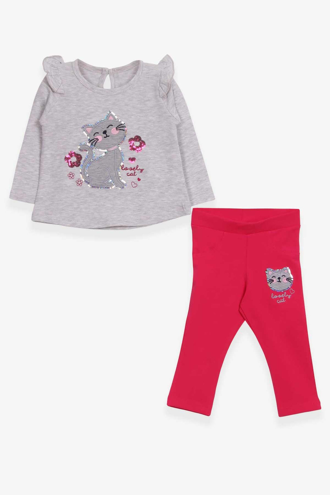 BRE Breeze Baby Girl Leggings Set with Sequined Kitty Print 9 Months-3 Years, Light Grey Melange - Nanterre