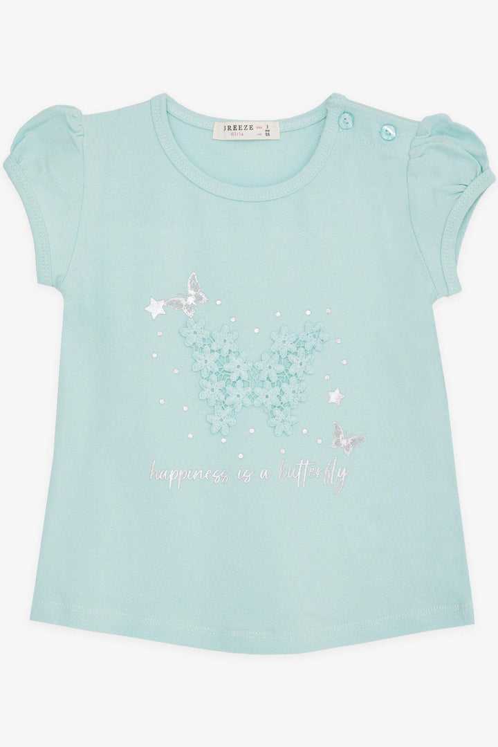 BRE Breeze Girl Baby T-shirt with Butterfly Printed Embroidery 9 Months-3 Years, Aqua Green - Coburg