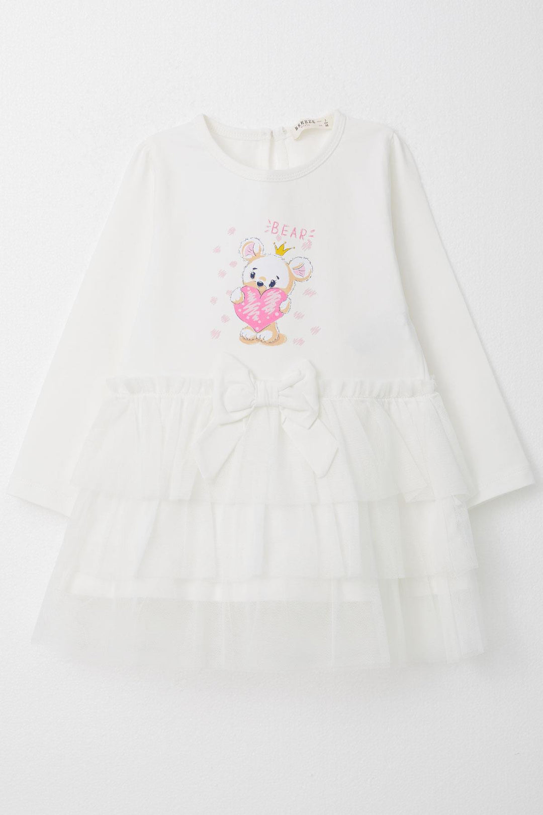 BRE Breeze Baby Girl Long Sleeve Dress Cute Bear Wearing Crown Printed 9 Months-3 Years, Ecru - Drobeta-Turnu Severin