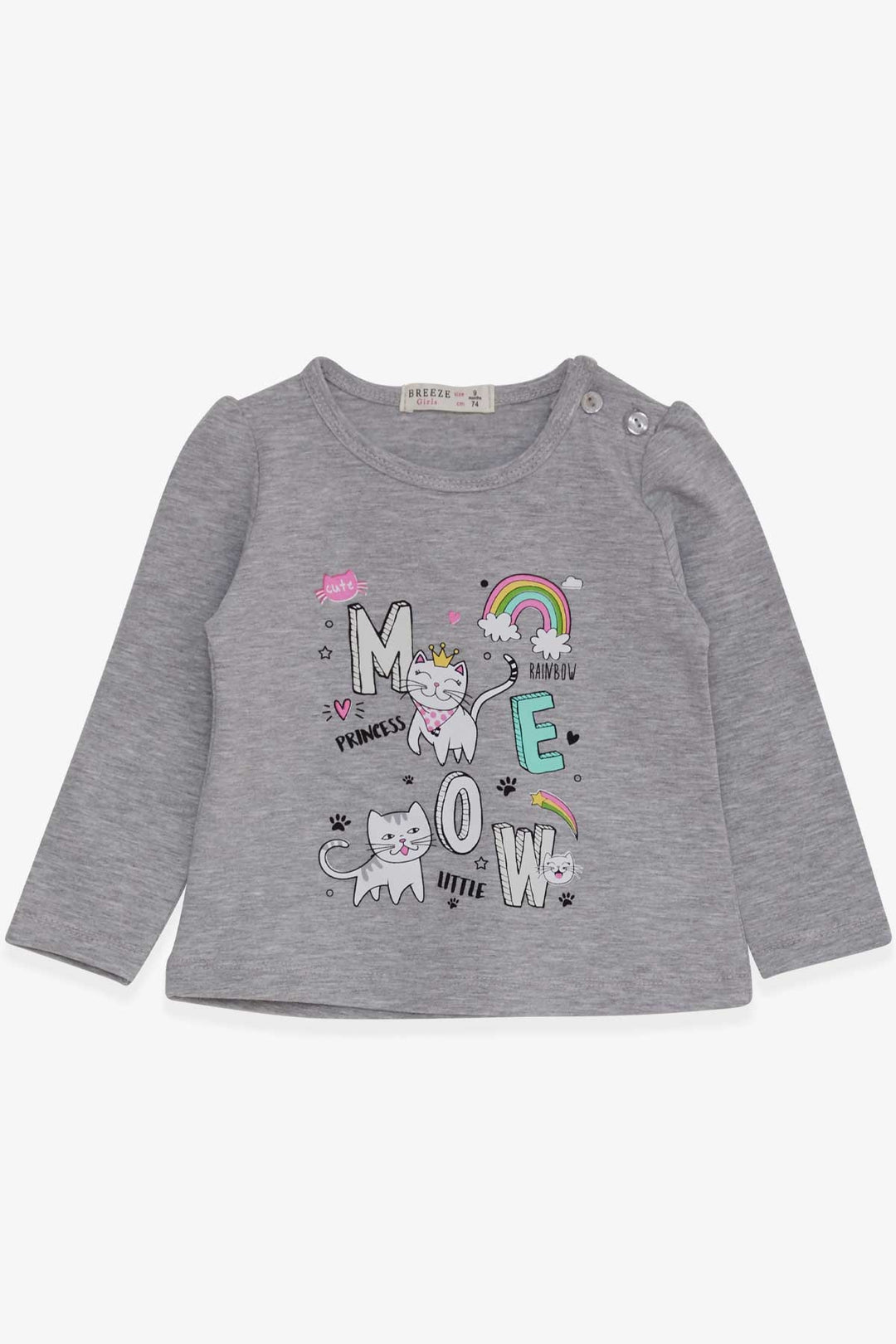 BRE Breeze Baby Girl Long Sleeve T-Shirt with Cat Print 9 Months-3 Years, Grey Melange - East Meadow