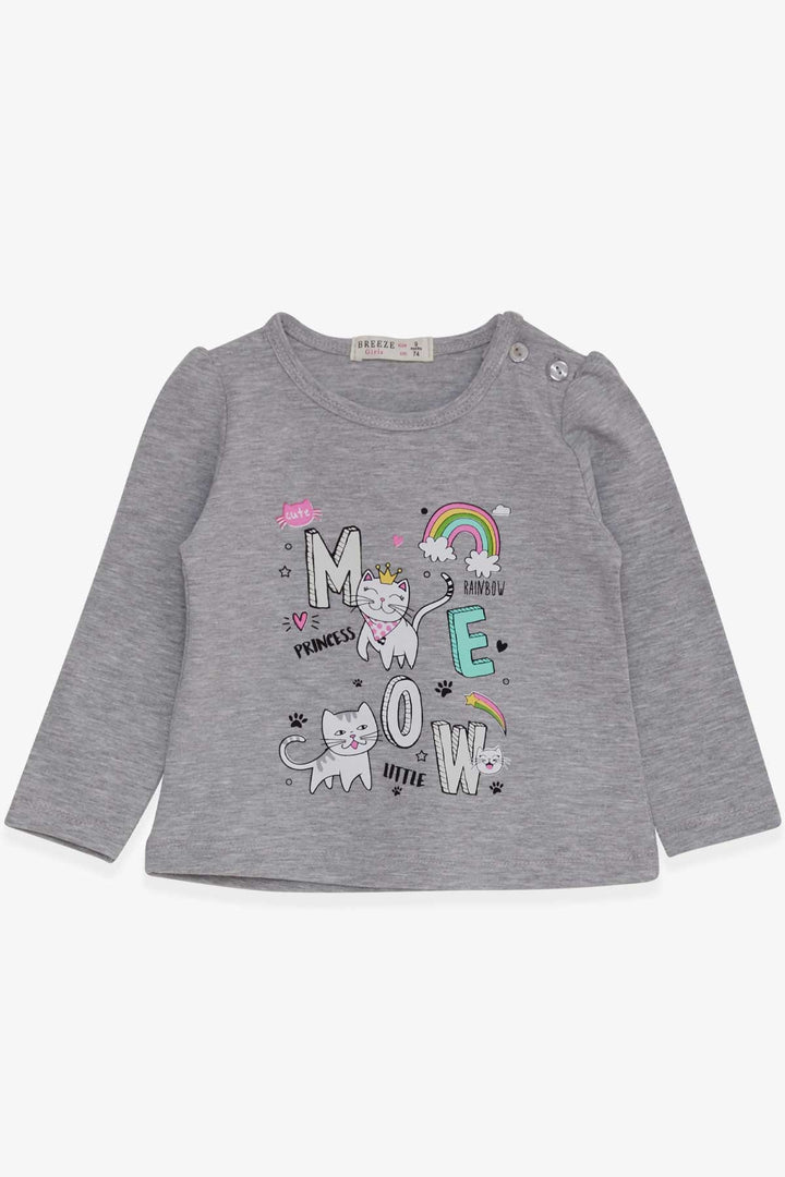 BRE Breeze Baby Girl Long Sleeve T-Shirt with Cat Print 9 Months-3 Years, Grey Melange - East Meadow