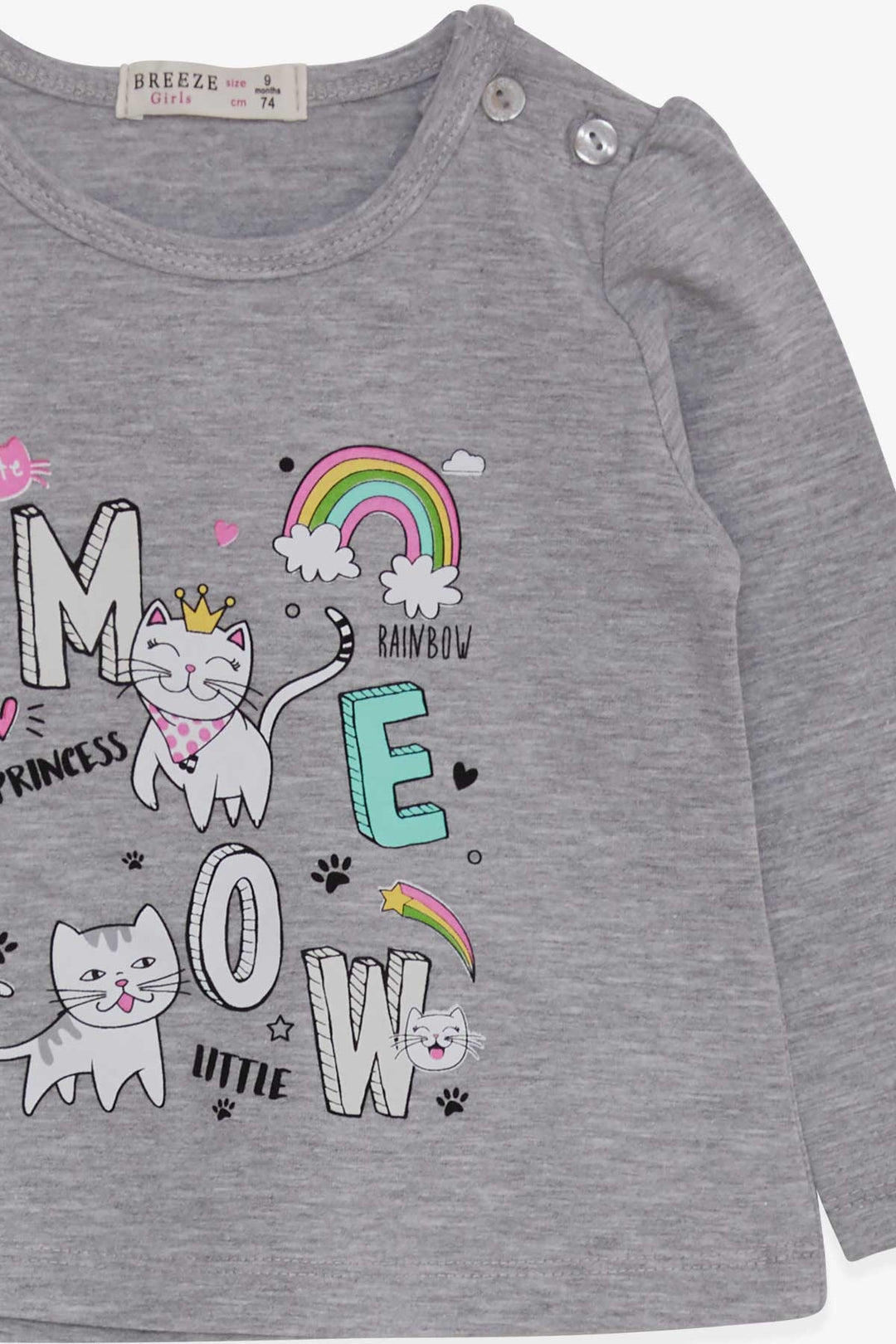 BRE Breeze Baby Girl Long Sleeve T-Shirt with Cat Print 9 Months-3 Years, Grey Melange - East Meadow