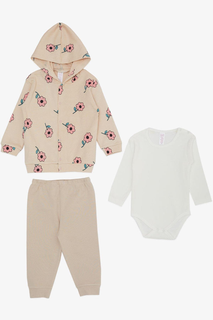 BRE Breeze Baby Girl Bodysuit 3-Piece Set with Flower Pattern Hood 4 Months Year, Beige - Kalamariá