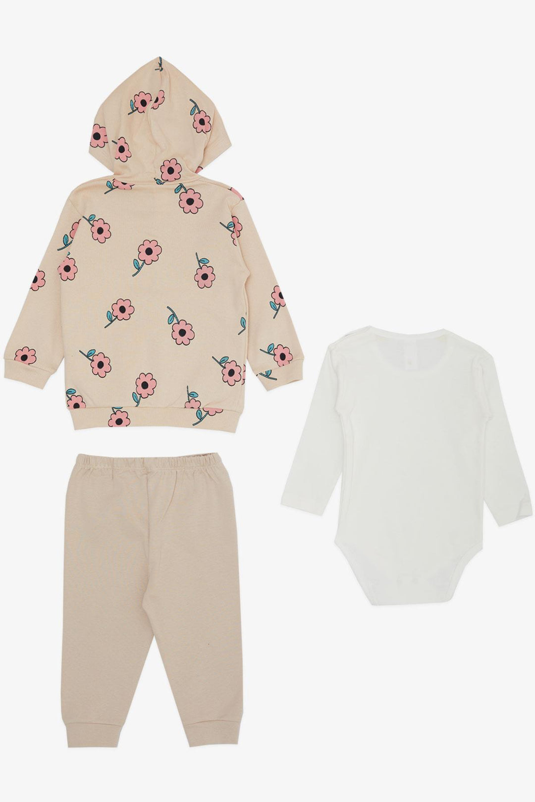 BRE Breeze Baby Girl Bodysuit 3-Piece Set with Flower Pattern Hood 4 Months Year, Beige - Kalamariá