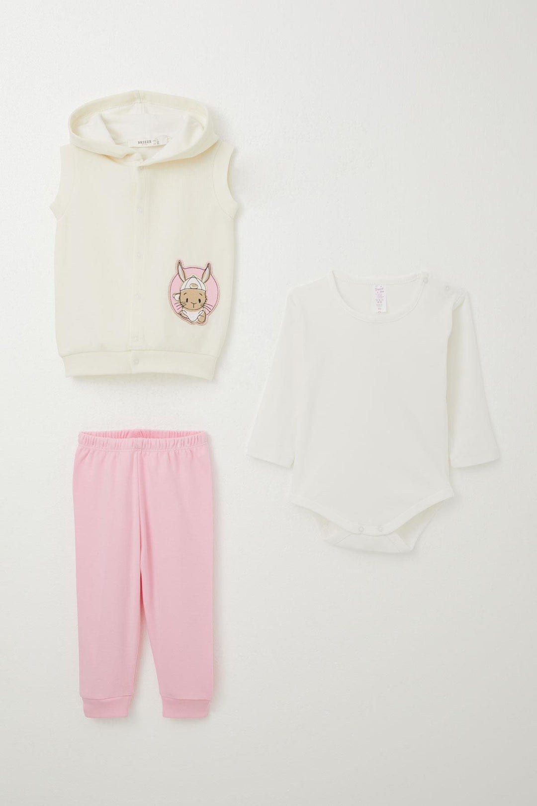 BRE Breeze Baby Girl Bodysuit 3-Piece Set with Cute Bunny Embroidery 4 Months Year, Cream - Cantanhede