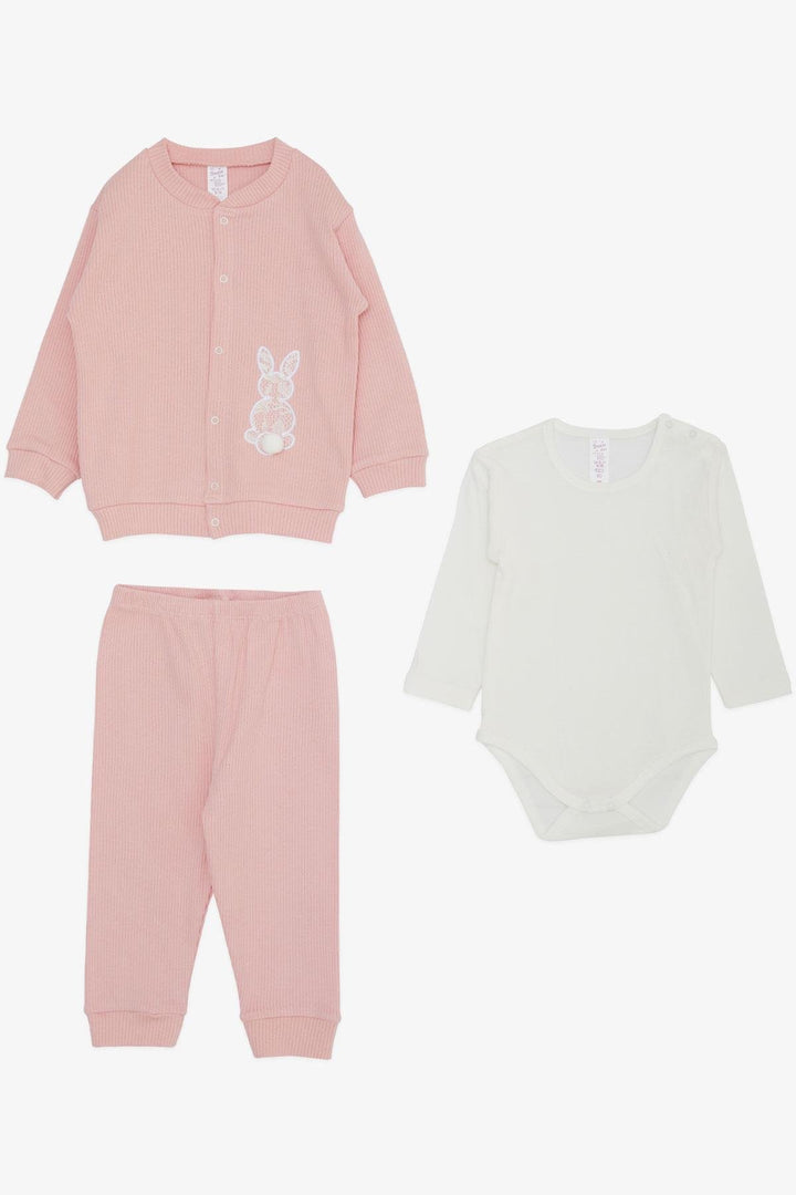 BRE Breeze Baby Girl Bodysuit 3-Piece Set with Bunny Embroidery and Pom Poms, 4 Months Year, Powder - Eugene