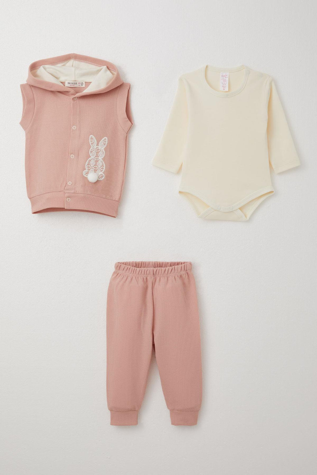 BRE Breeze Baby Girl Bodysuit 3-Piece Set with Bunny Embroidery and Pom Poms, 4 Months Year, Rose Pink. - Rocklin