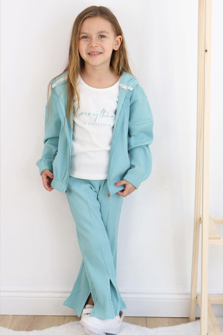 BRE Breeze Girl Child 3-Piece Legging Set with Ribbed Zippered Hem Slit, 50 Years, Aqua Green - Ermezinde