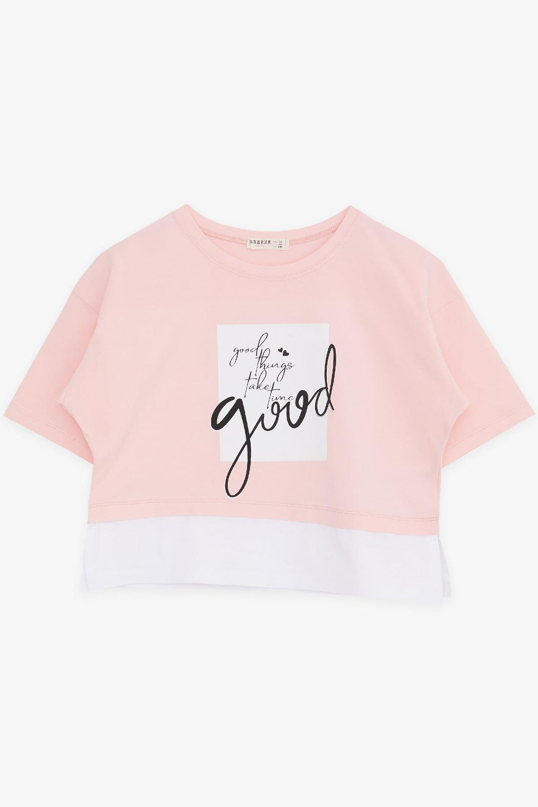 BRE Breeze Girl Child Crop T-Shirt with Printed Text and Side Slits, 94 Years, Pink - San Juan Capistrano